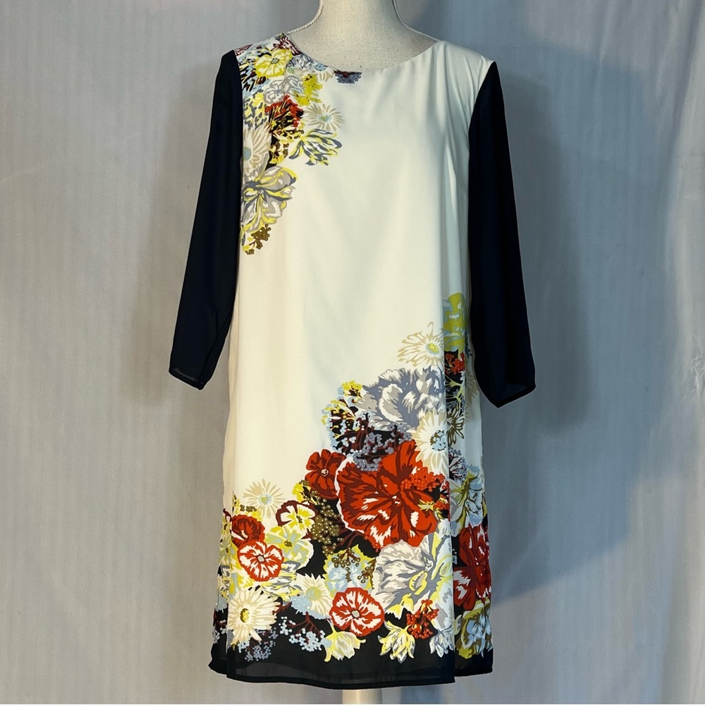 H&M Dress Floral Cream Shift Black 3/4 Sleeves Round Neckline Lined EUC 12👍